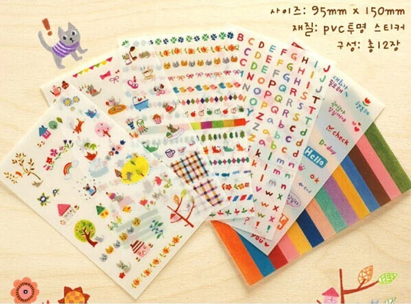 

6 Sheets Cartoon Letter Stickers Toy Stickers Mixed Cute Animal Cat Print Stickers for Kids Stationery sticker