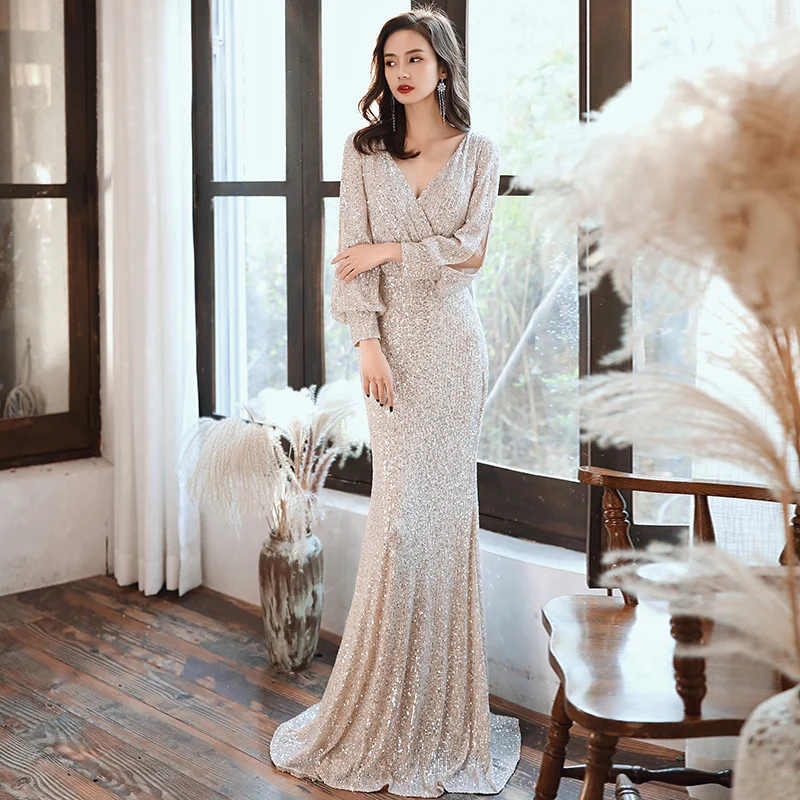 

Sequins Zipper Back New Evening Dresses Full Sleeves V-Neck Ruched Mermaid Floor-length Plus size Women Formal Party Dress C292