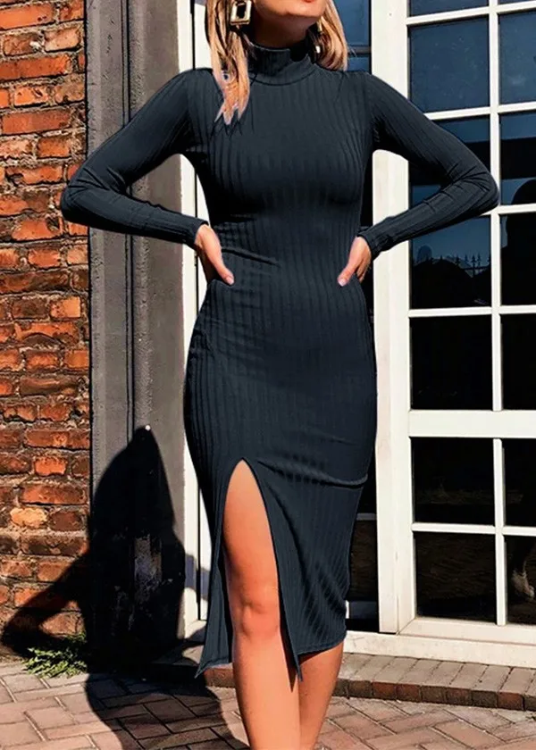 

Sexy Knee-Length Party Dresses Cotton Ribbed Knitted Turtleneck Solid Split Long Sleeve Autumn Mock Neck Elegant Pullover Dress