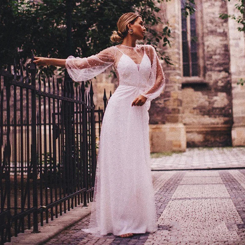 

Long Sleeve Wedding Dress 2020 Sexy See Through Pearl Beads Boho Wedding Gowns Beach Bridal Dress Plus Size vestidos de noiva