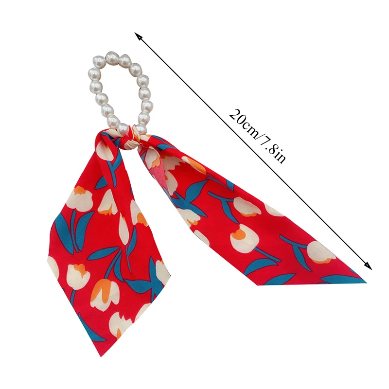 

2021 Korean INS Pearl Elastic Rubber Bands Chiffon Ribbon Hair Scrunchie Girls Bow Print Hair Ties Headwear Hair Accessories