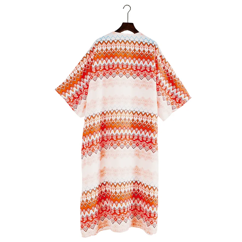 

2021 Boho Striped Robes for Women Bathing Suit Cover-ups Plus Size Beach Wear Kimono Dress Women Summer Swimsuit Cover Up A805