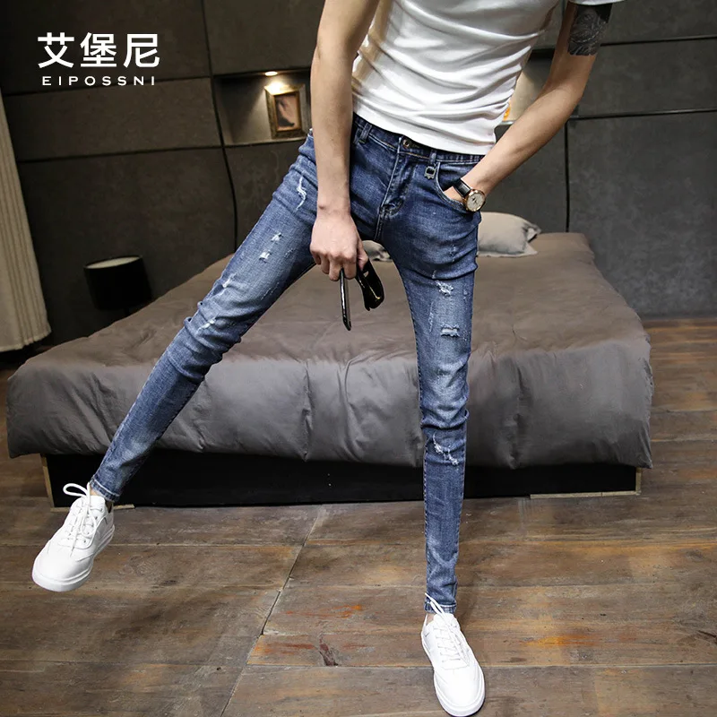 

New spring and summer 2021 korean streetwear ripped tights Jeans male students streetwear teenager pencil pants trousers For men