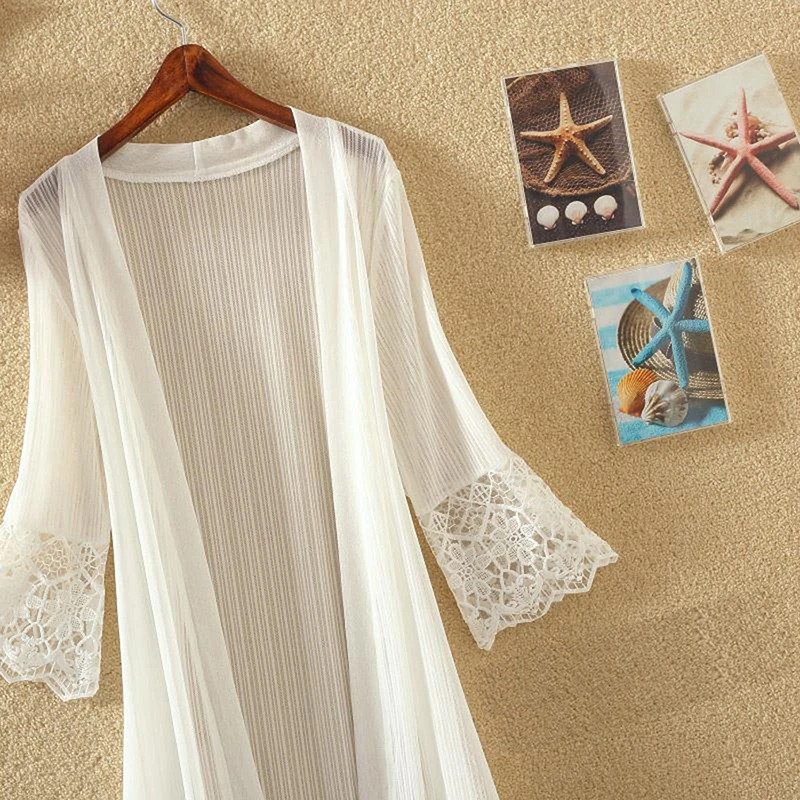 Женская Шифоновая туника кардиган кимоно с кружевом длинная рубашка Свободный
