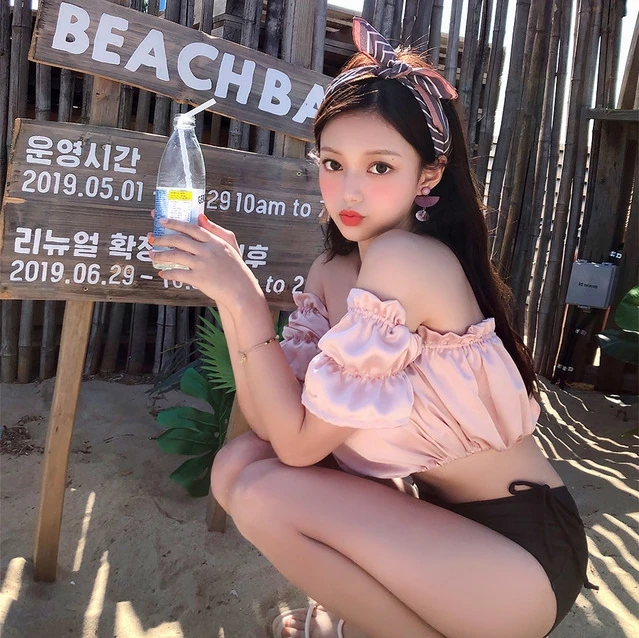 Розовое бикини с открытыми плечами и высокой талией женский купальник пышными