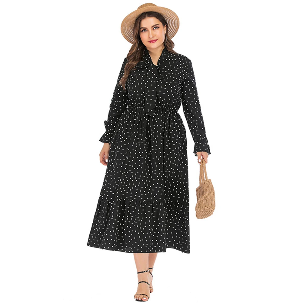 

6XL Plus Size Shirt Dresses Women Polka Dot Summer Casual Long Sleeve Bohemian Maxi Dress Bow Knot Collar Tunic Beach Dresses