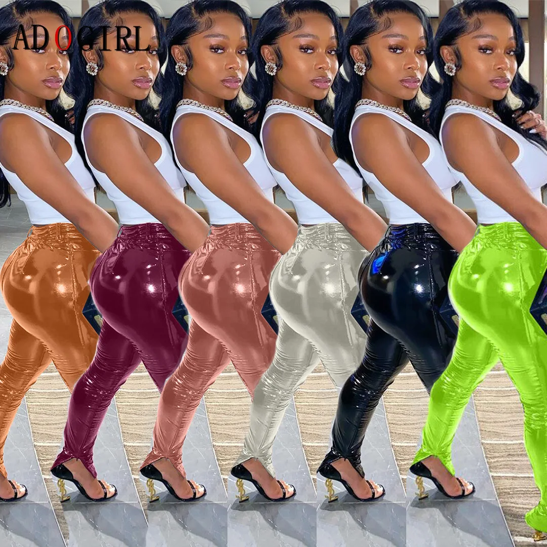 

Женские обтягивающие брюки Adogirl из искусственной кожи с высокой талией, на молнии, спортивные штаны, женские осенне-зимние однотонные брюки ...