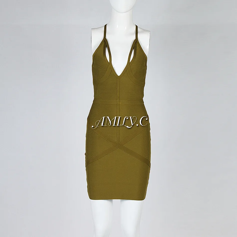 Женское Бандажное платье Amily.c Черное и зеленое облегающее с v-образным вырезом