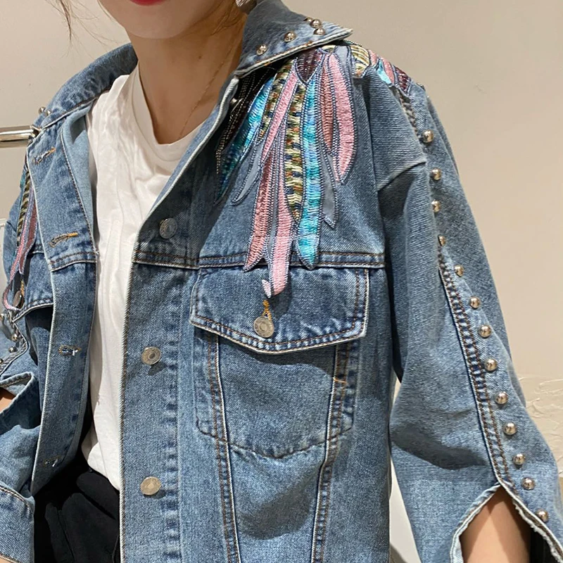 

CHICEVER Casual Patchwork Rivets Denim Coat For Women Lapel Long Sleeve Embroidery Straight Korean Jackets Female Spring Stylish