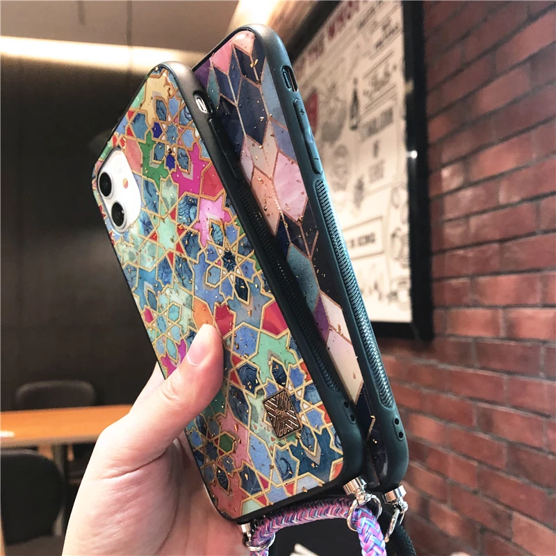 

Chic Marble Gold Foil Phone Case For iPhone 11 Pro Max 7 8p XR XS X SE Glitter Soft Silicone Cover with Lanyard Necklace Strap