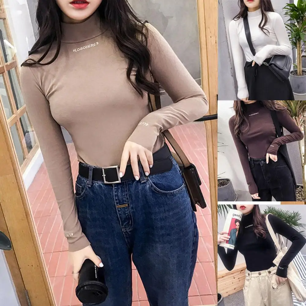 

2021 Autumn Winter Women Blouse Top Casual Women's Shirt Long Sleeve Letter Pullover Turtleneck Velvet Basic Tops Blusas Mujer