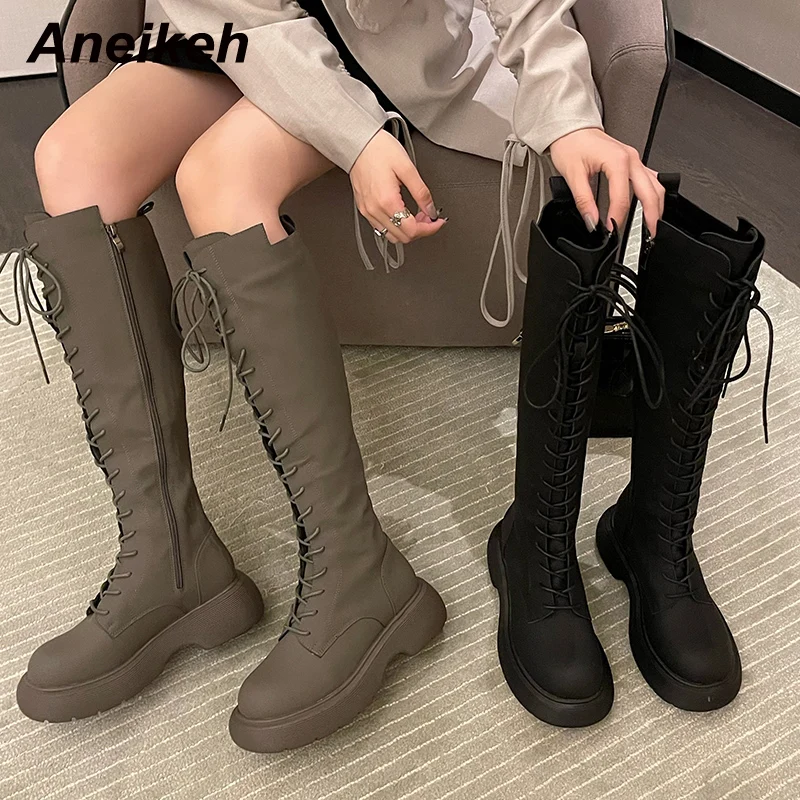 

Aneikeh Sexy Punk Knee High Platform Shoes Cross-Tied Motorcycle Autumn Boots 2022 Round Toe Flat With Booties Zipper Non-Slip