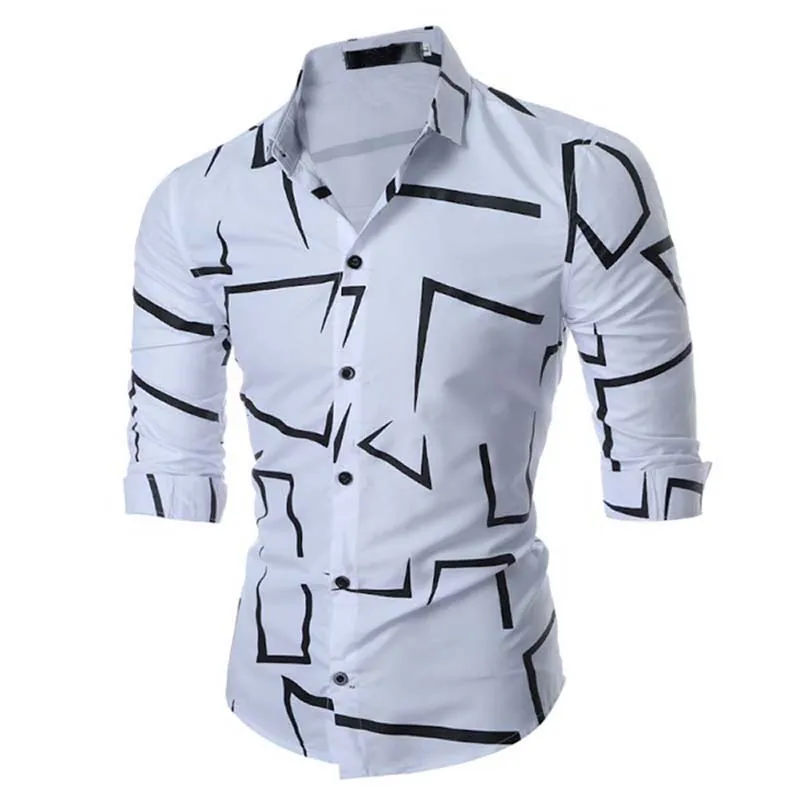 

White Button Up Shirt Men's Dress Shirt Long Sleeve Luxury Print Casual Shirts Cotton Slim Fit Hand Sewing Fashion No Ironing