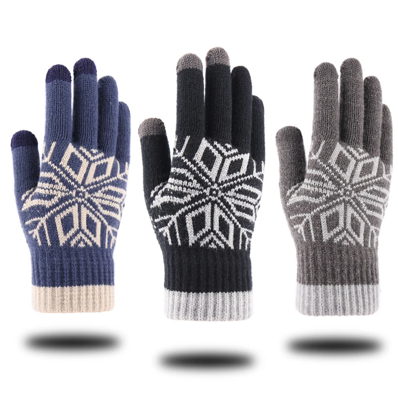 

Men Winter Cashmere Knitted Gloves Touch Screen High Quality Male Mitten Thicken Warm Wool Cashmere Jacquard Plus Velvet Gloves