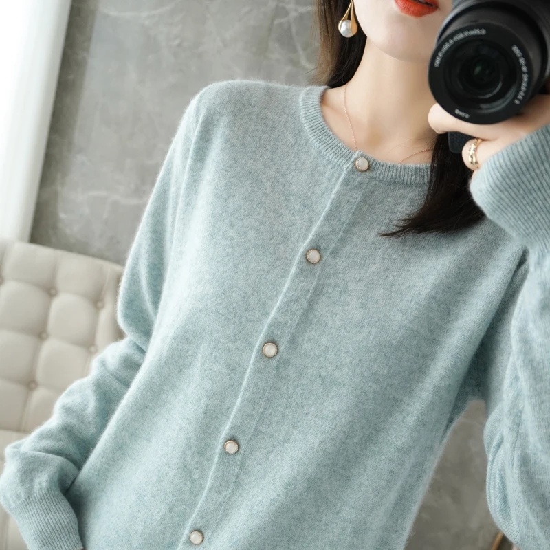 

High-end high-quality O-neck long-sleeved solid color knitted cardigan women's 100% cashmere wool sweater FRSEUCAG brand jacket