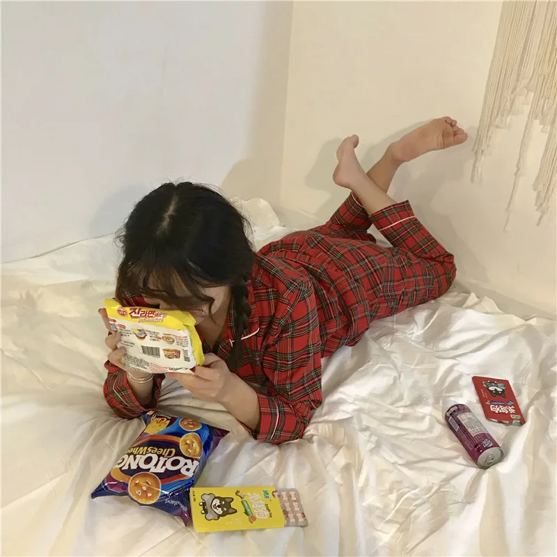 Новые пижамы для женщин корейские свободные пижамы с длинными рукавами клетчатые пижамы женские хлопковые повседневные комплекты из 2 предметов Pigiama Donna Прямая поставка