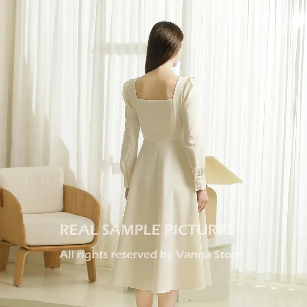 Soft Satin Wedding Bridesmaid Gown Long Sleeve Bridal Shower Engagement Pictures Tea Length Cheap 2020 Bridal Dresses #808CX