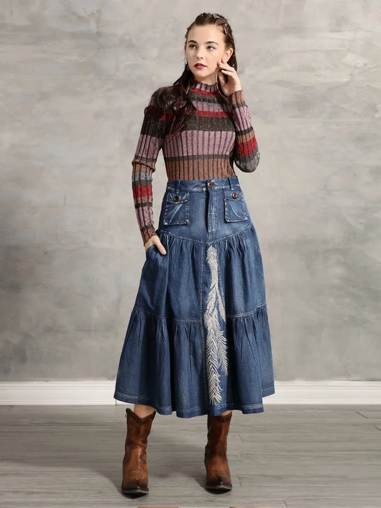 

2021 Midi Long Multi-pocket Jean Skirt Womens Summer Autumn High Waisted Embroidered Denim Ruffle Skirts Female