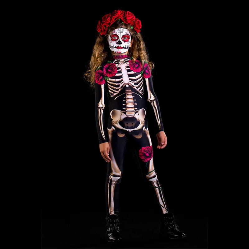

Skeleton Rose Sexy Women Halloween Devil Ghost Jumpsuit Kids Party Carnival Performance Scary Costume Baby Girl Day Of The Dead