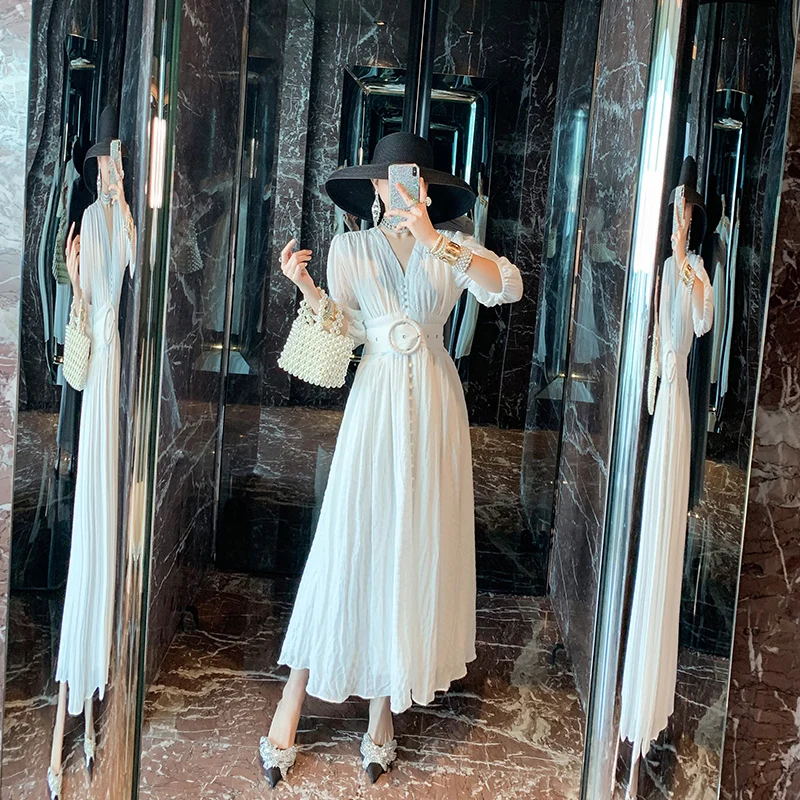 Женское Хлопковое платье макси на пуговицах Длинное Элегантное белое с V