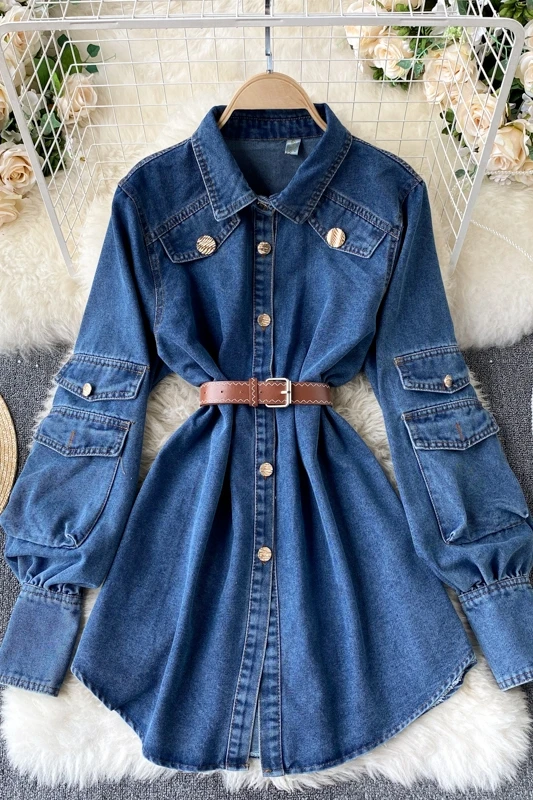 

Hong Kong style retro denim shirt female design sense niche tooling large pockets long-sleeved slim mid-length cardigan top