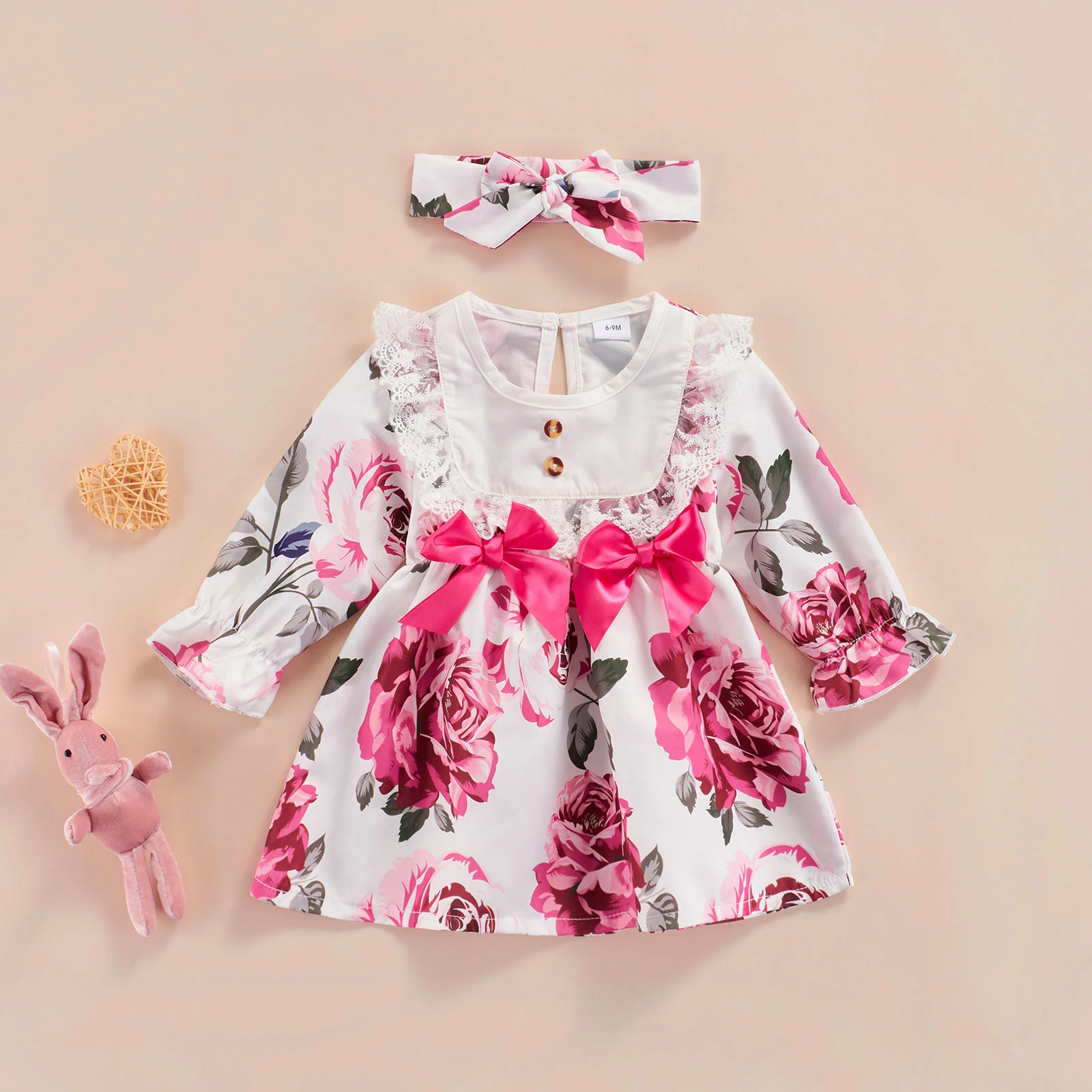 

Little Girl Casual Long Sleeve Bow Dresses Flower Lace Trim A Line Headband Dress Fashion Baby Girls Spring Autumn Clothing