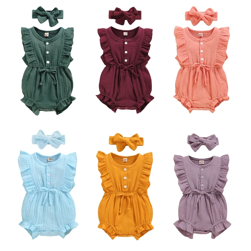 

Summer Toddler Newborn Baby Girls Rompers +Headband 2Pcs Set Solid Color Ruffel Sleeveless Bodysuit 0-2Y New Style