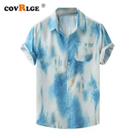covrlge summer british shirt mens tie dye printed sky short sleeved loose lapel casual mens shirt lapel clothes mcs147