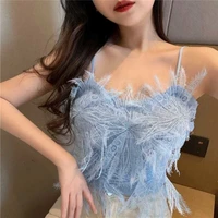 lace suspender vest for womens new style in summer 2021 womens sexy vest feather blue corset crop top camisole tanks v neck