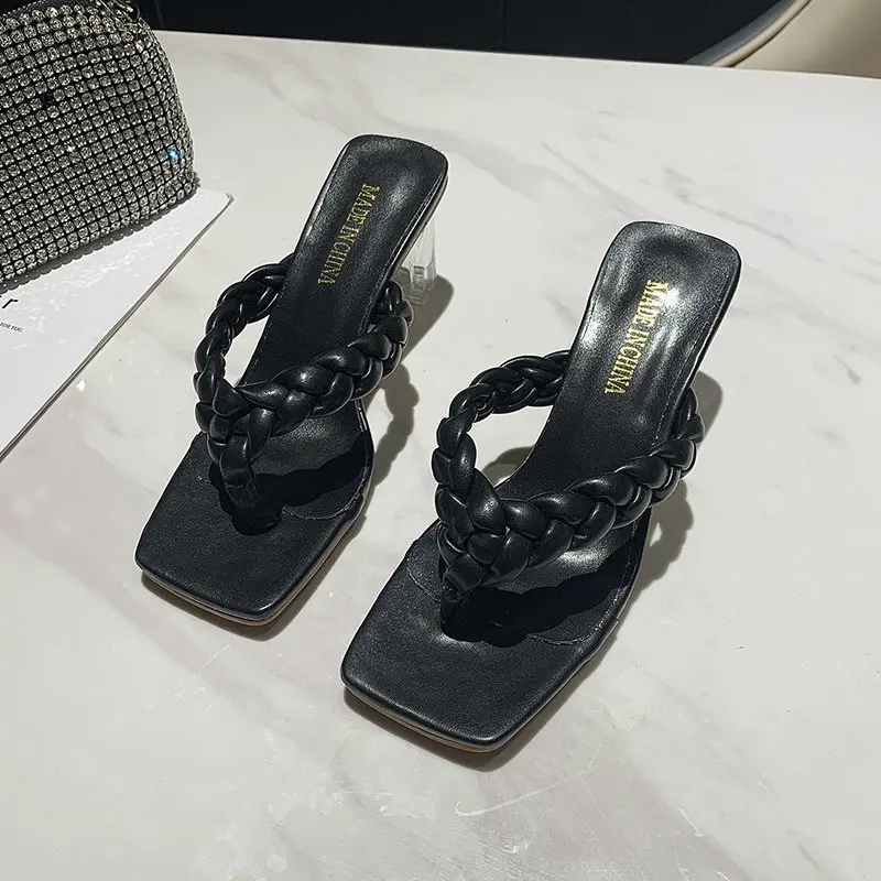 

Shoes Thin Heels Slippers Casual Rubber Flip Flops Heeled Mules Med Square Toe Low Slides Luxury Hawaiian High Fashion Fabric Ro