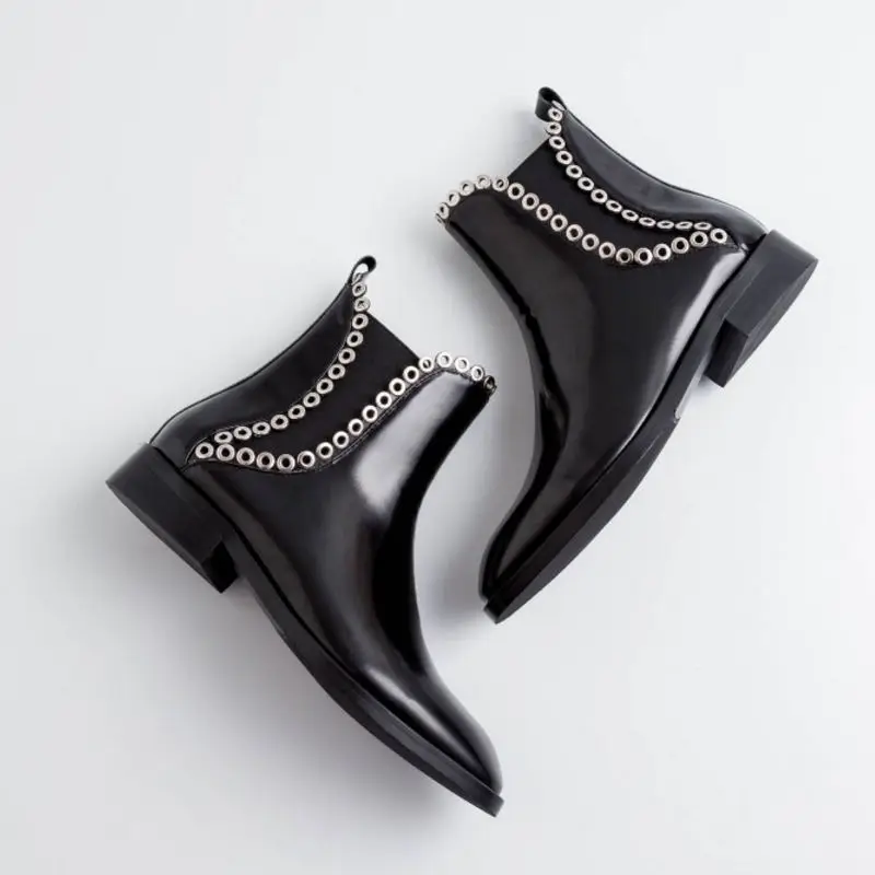 RIZABINA Comfortable Woman Real Leather Metal Ankle Boots Winter Autumn Black Casual Shoes Hot Sale Botas Size 34-40 | Обувь