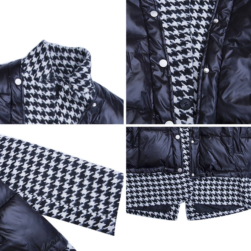 

Houndstooth Contrast Thicken Warm Cotton Jacket Women Winter New Ties Splicing Fashion Cotton Clothing Color Matching Tops MY340