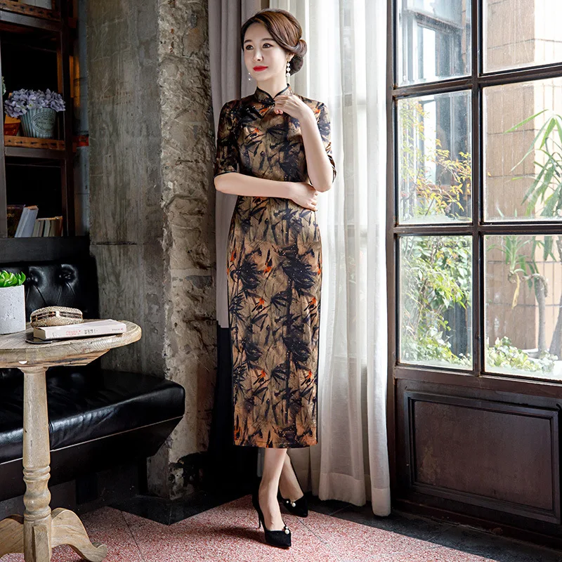 В китайском стиле Чонсам Винтаж юбка с принтом шелковое cheongsam qipao китайское традиционное платье для женщин Элегантное платье для женщин