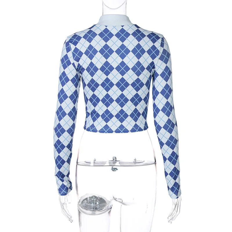 

ALLNeon Y2K Aesthetics Argyle Plaid Knitted Cropped Tops 2000s Vintage Turtleneck Long Sleeve Blue T-shirts E-girl Outfits Slim