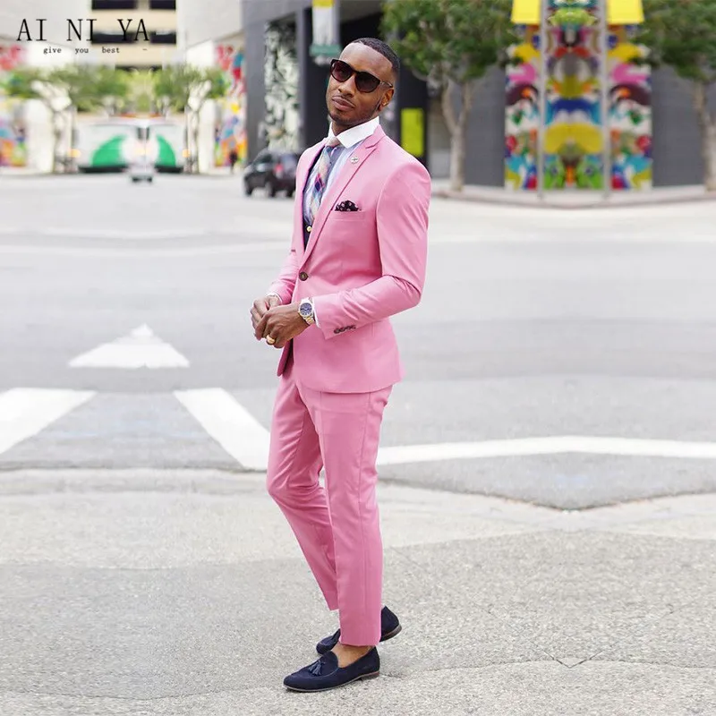 (Куртка + брюки) новые мужские костюмы приталенный розовый смокинг для жениха