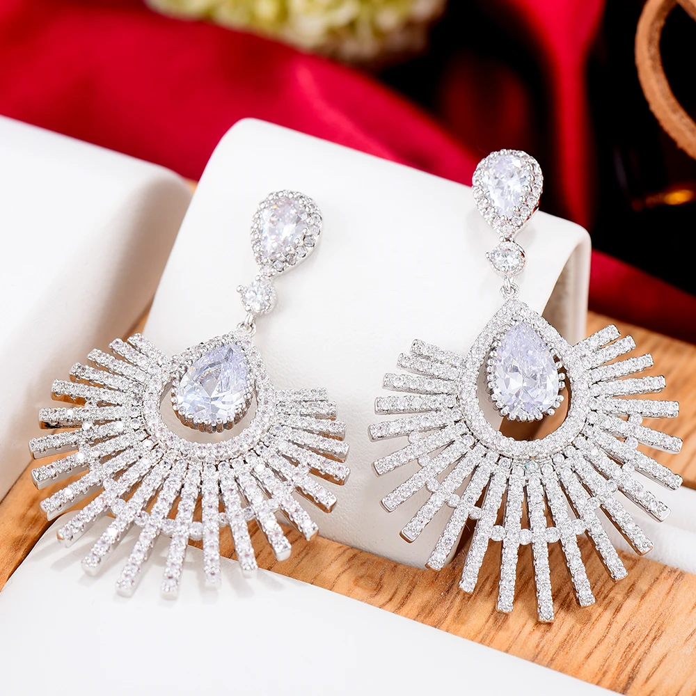 

KellyBola Fashion Triangle Fans Pendant Full Cubic Zirconia Dangle Drop Earrings For Women Girls Party Jewelry Accessories