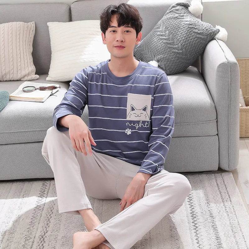 

Cotton Oversize L-4XL Pyjamas Simple Stripe Casual Sleepwear Simple Casual Soft Male Pijamas Autumn Winter Warm Men Pajamas Set