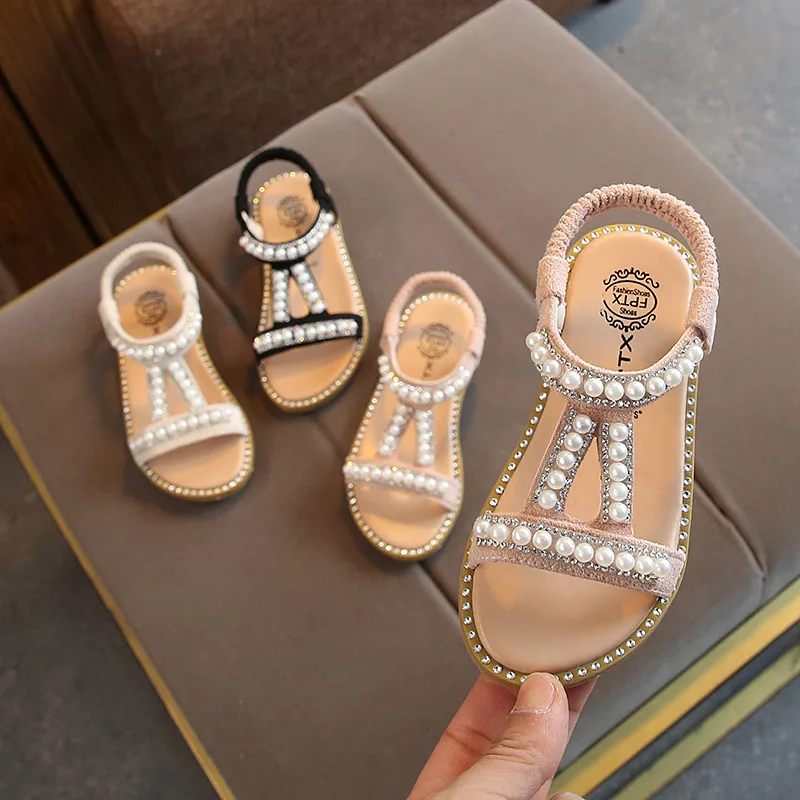 Summer Baby Girls Sandals Toddler Infant Kids Slip On Pearl Crystal Single Princess Roman Shoes For Children Girl