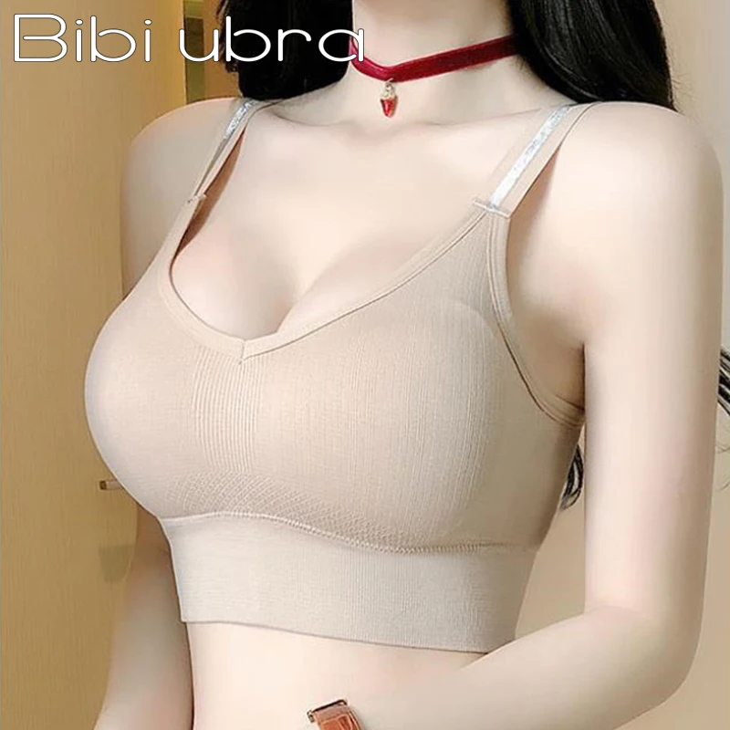 

Women Low Neck Tube Top Sexy Crop Top Seamless Wrapped Chest Stripes Tank Top Wireless Sports Push Up Underwear Stretch Camisole