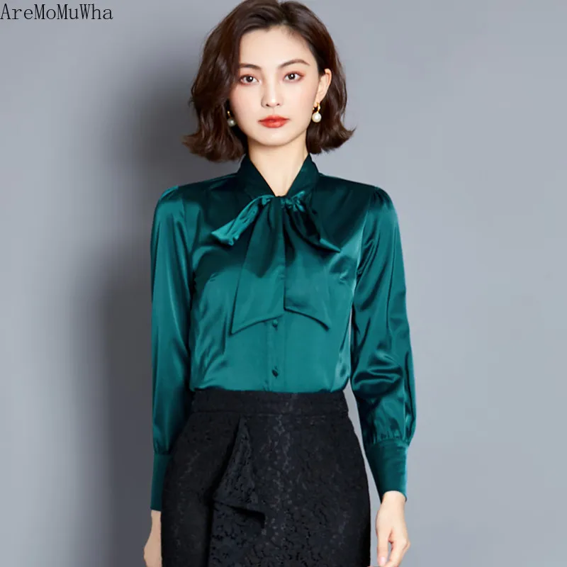 Шифоновая рубашка со шнуровкой и большим бантом с длинными рукавами женская из