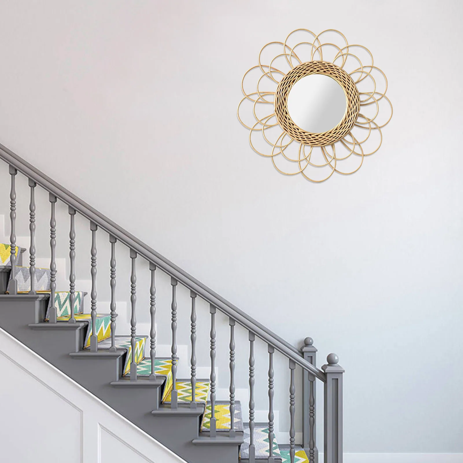 

Sun Shape Decorative Mirror Rattan Innovative Art Decoration Round Makeup Mirror Dressing Bathroom Wall Hanging Mirror Aesthetic