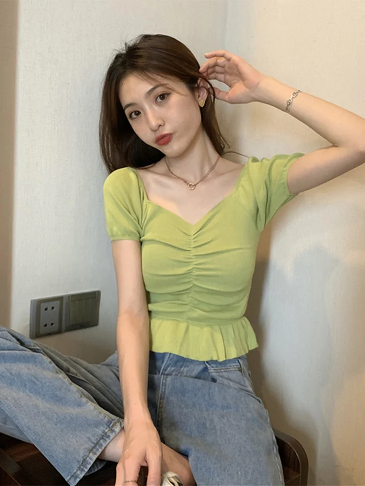 

High-waisted Short Tops Women's 2021 New Summer Dress Exposed Clavicle Square Neck Short-sleeved T-shirt Knitted Small Shirt