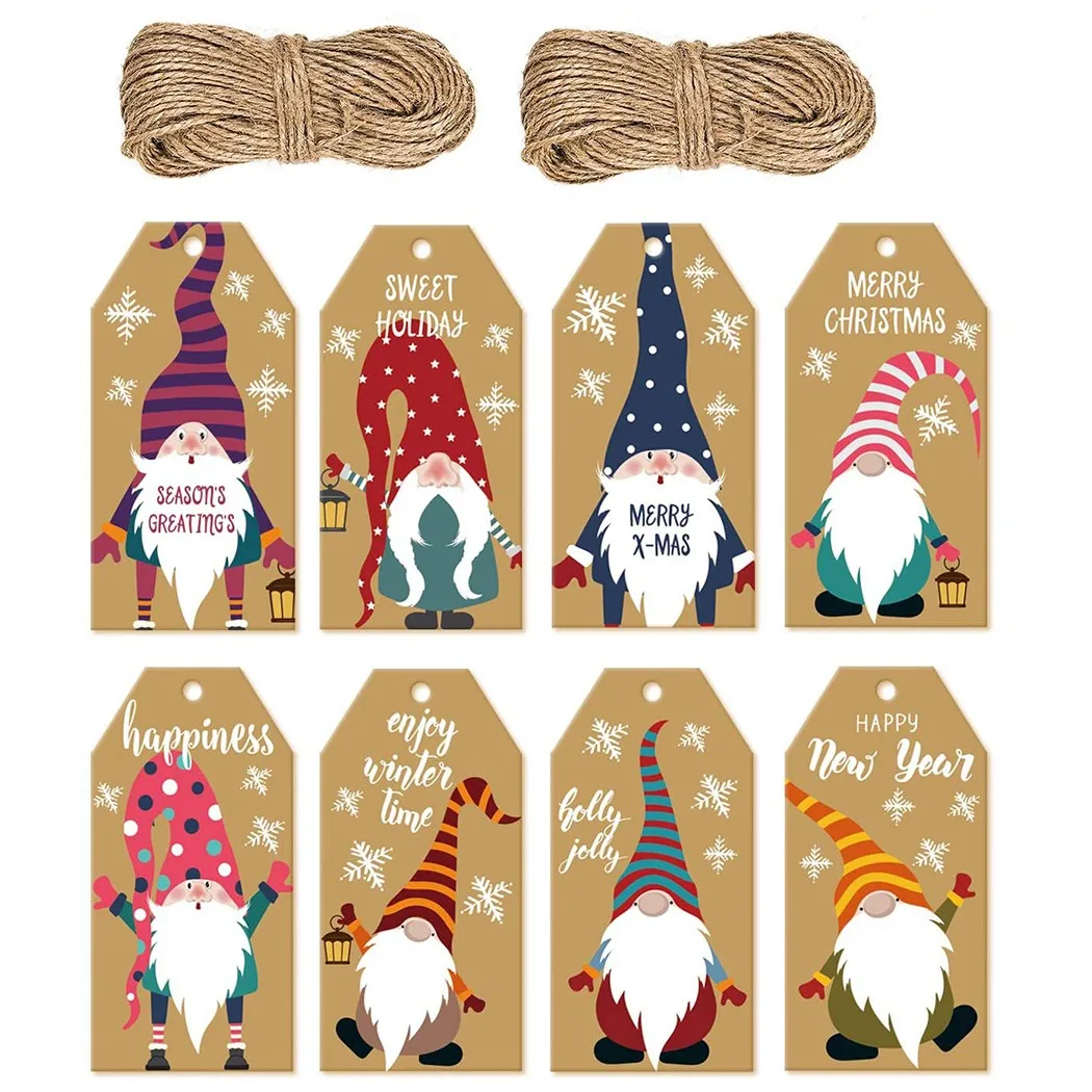

New! 100PCS Christmas Cartoon Kraft Paper Tags With Rope Vintage Xmas Tree/Santa Claus Crafts Hanging Labels Decor Home Supplies