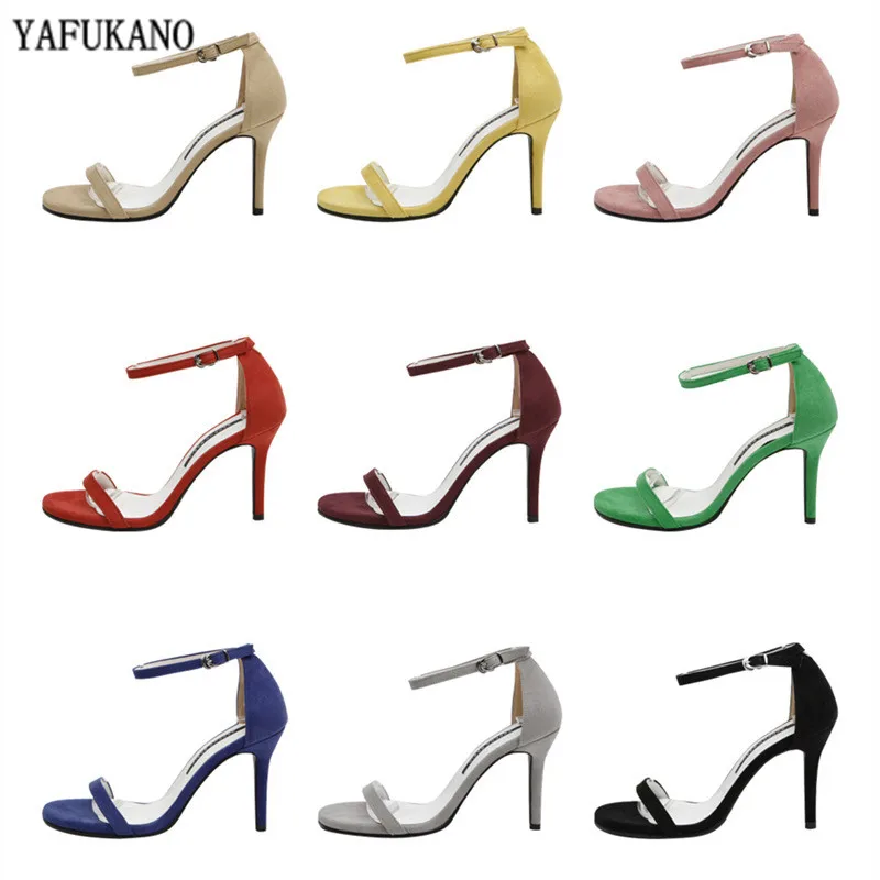

Brand Women Sandals Summer Shoes Black Thin High Heels Solid Flock Peep Toes Buckle Strap Woman Party Shoes Mujer New Arrival