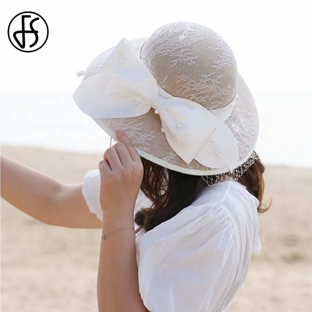 

FS New Dome Hat With Veils Bowknot Beaded Linen Fedoras Caps Hats For Women Banquet Wedding Church Hats Lady Derby Cloche Cap
