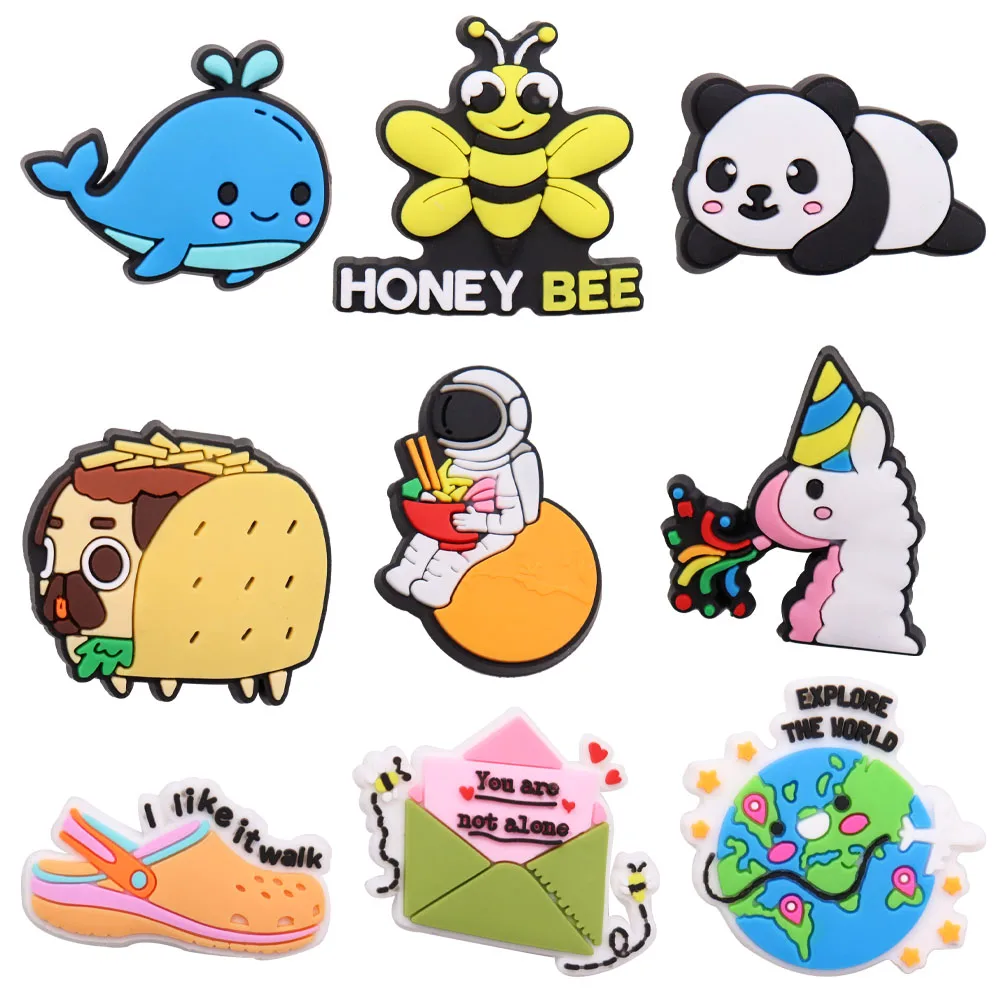 

Mix 50PCS PVC Cute Cartoon Shoe Charms Kawaii Whale Honey Bee Panda Astronaut Sheep Sneakers Envelope Earth Walk Croc Charm