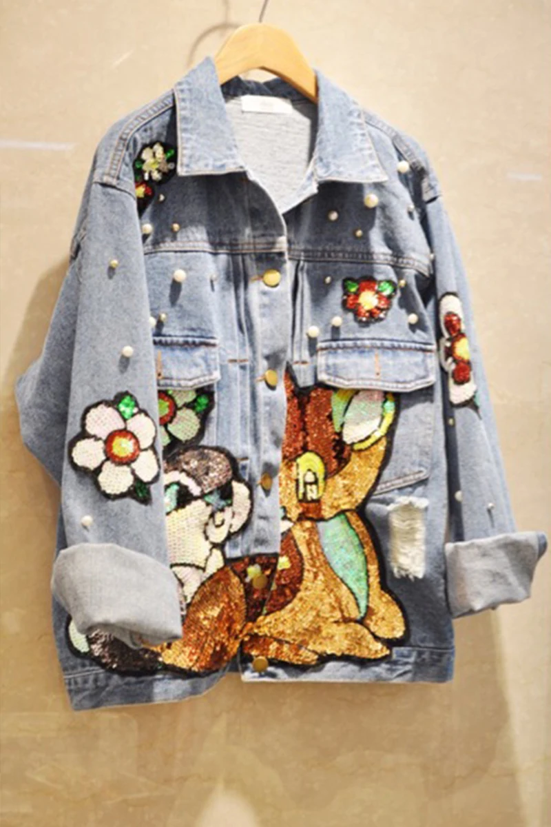 

Women's Denim Jackets 2020 Embroidered Jackets Woman Cowboy Beads Cartoon Sequined Buttons Casual Bomber Jacket Chic Outwear