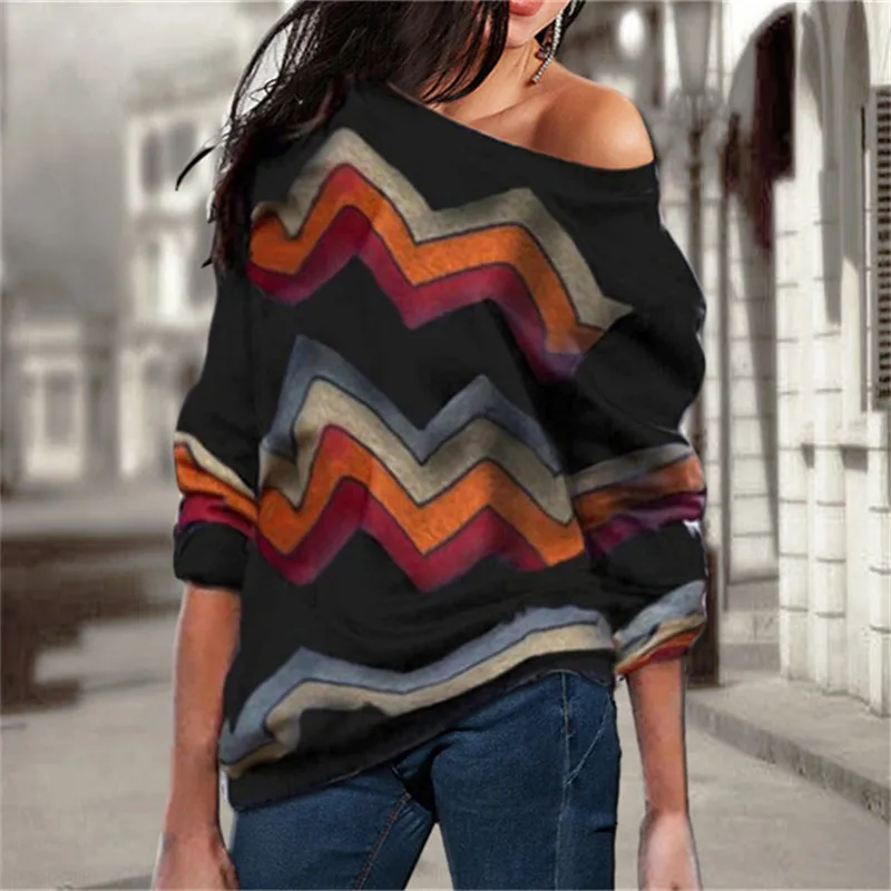 RANLEGE Pullover Sweater Women Geometric Long Sleeve Casual Ladies Sweaters Plus Size Off Shoulder Sueter Mujer Invierno 2020 | Женская