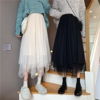 small skirt 2021 spring summer new mesh lace casual korean fashion style retro irregular mid length pleated gauze skirt vintage