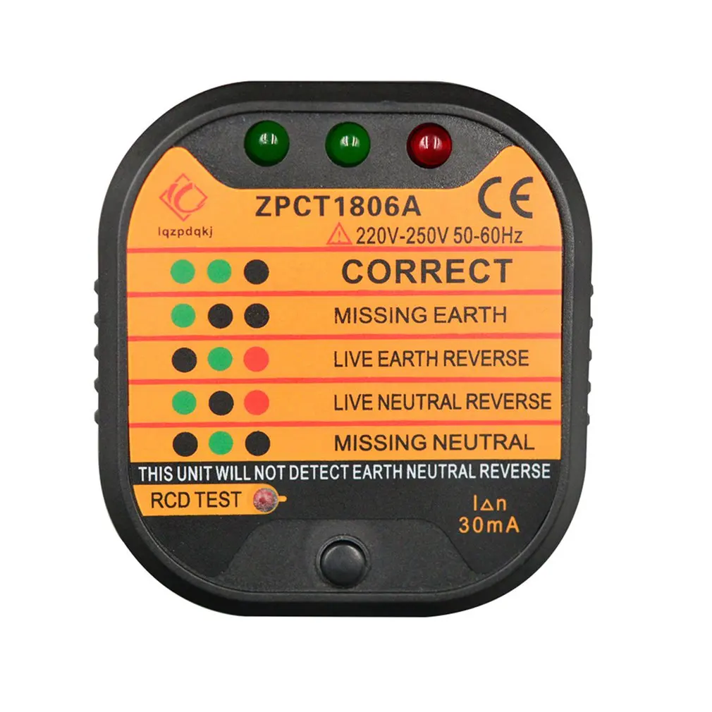 

ZPCT1806A Outlet Socket Tester Detector Circuit Polarity Voltage Plug Breaker UK Ground Zero Line Switch Safety Electroscope